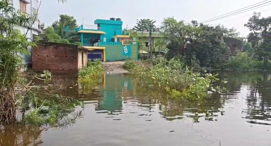 तालाब का पानी सड़क पर जमा होने से लोगो का आवागमन बाधित