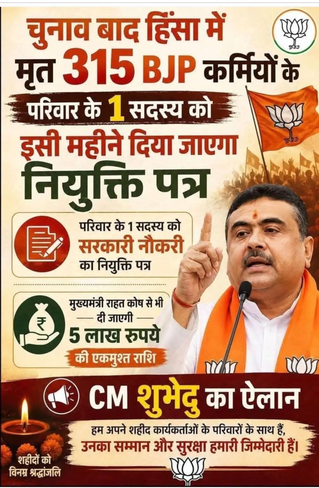 बंगाल में भाजपा के लिए बलिदान देने वाले 315 कार्यकर्ताओं के परिजनों को मिलेगी सरकारी नौकरी, मुख्यमंत्री ने की बड़ी घोषणा